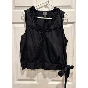 Clara Sun Woo Black Sleeveless Blouse Side‎ Tie Ruffles Cotton Women’s Large